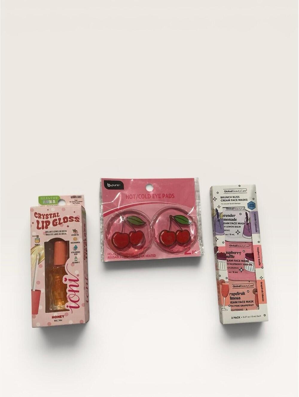 Ioni Crystal Lip Gloss Soft Liquid +Skincare Set Eye Pads Face Masks Gift Bundle